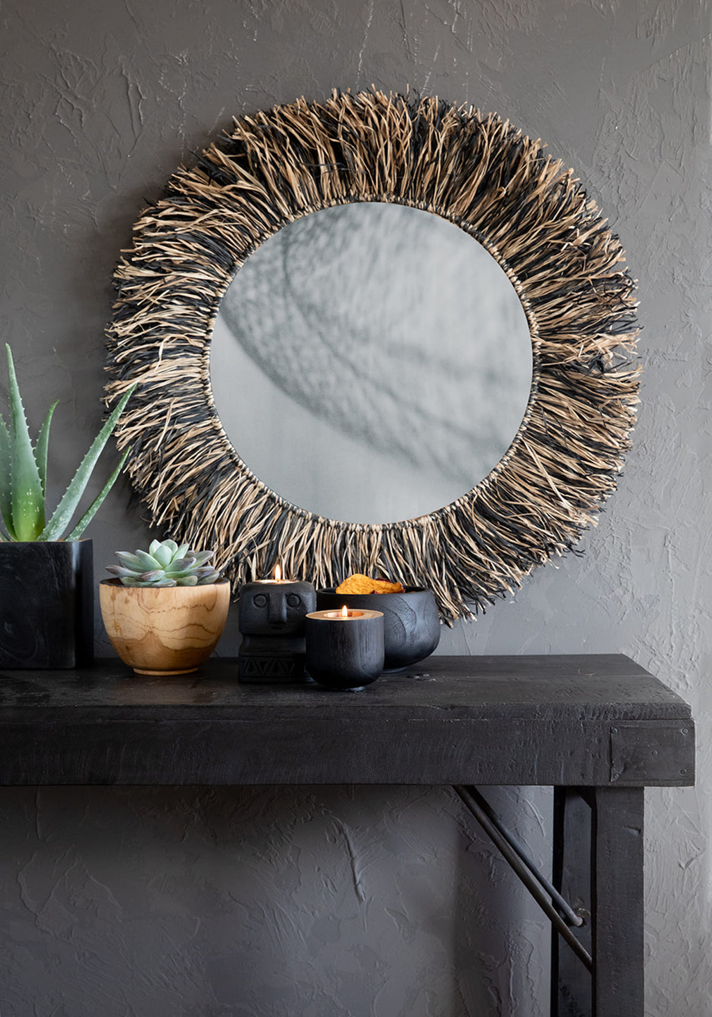 The Raffia Fringe Mirror - Natural Black - L