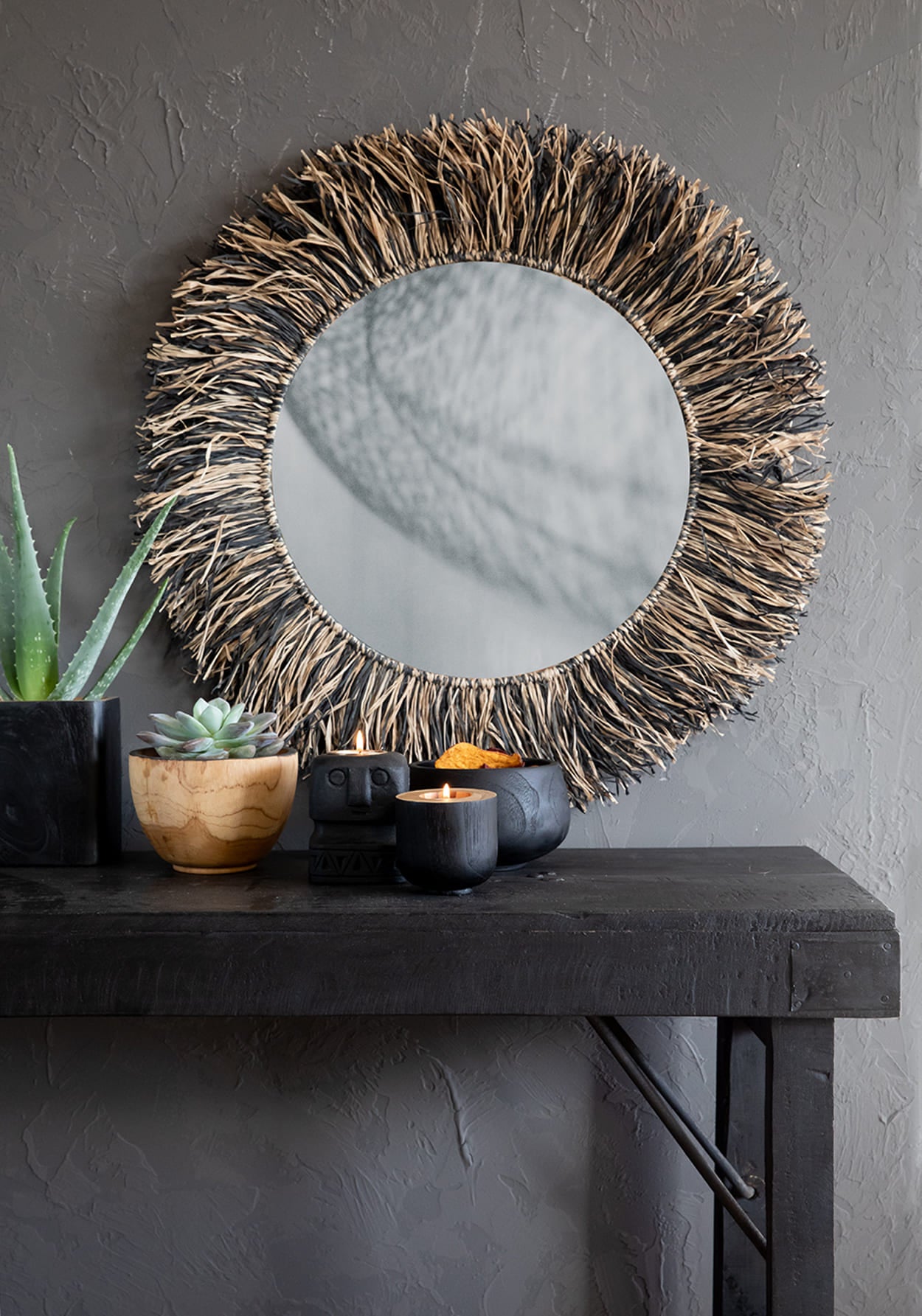 The Raffia Fringe Mirror - Natural Black - L