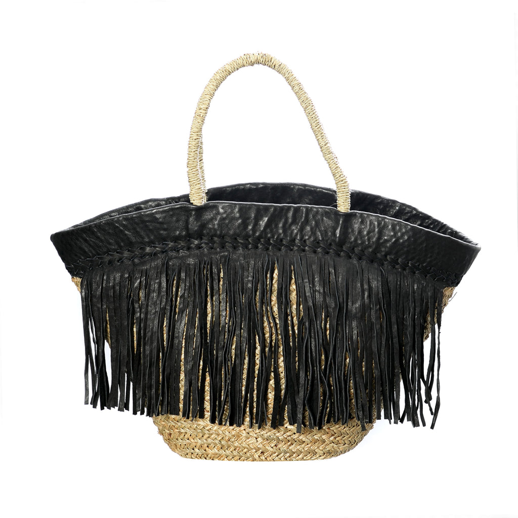 The Black Leather Fringed Basket - Natural Black