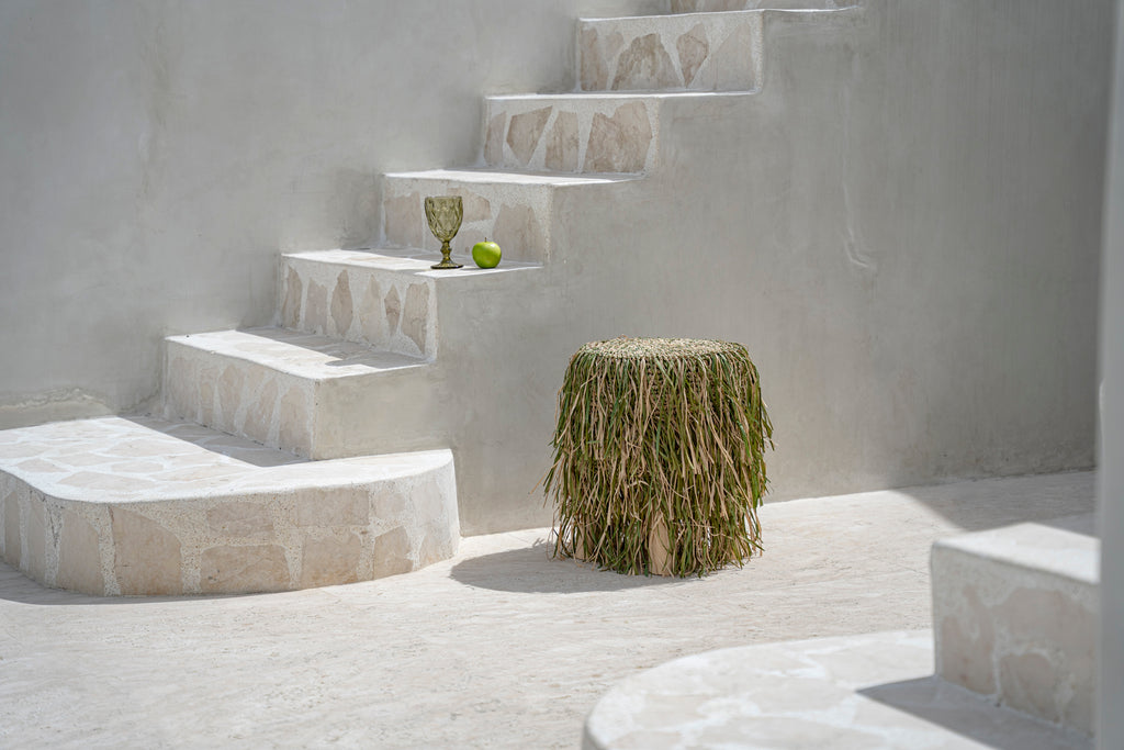 The Raffia Shaggy Stool - Jungle Green - Round