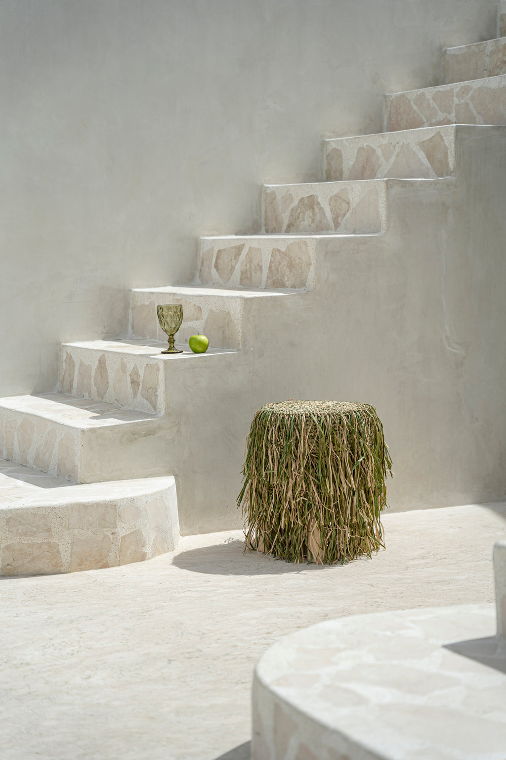 The Raffia Shaggy Stool - Jungle Green - Round