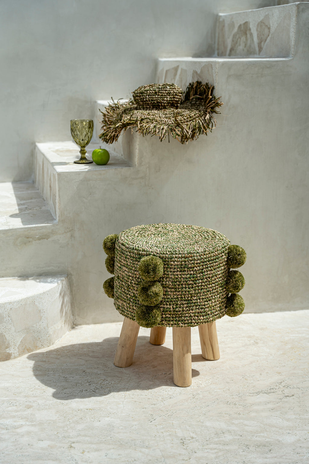 The Raffia Pom Pom Stool - Jungle Green