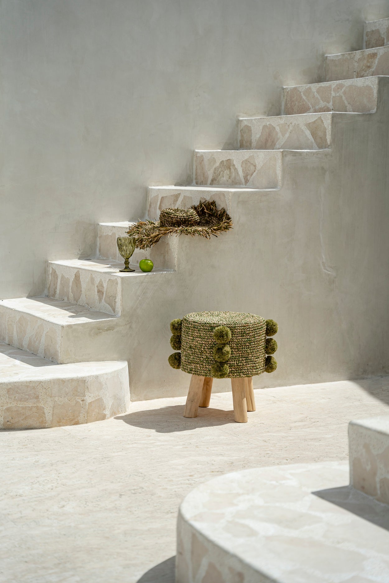 The Raffia Pom Pom Stool - Jungle Green