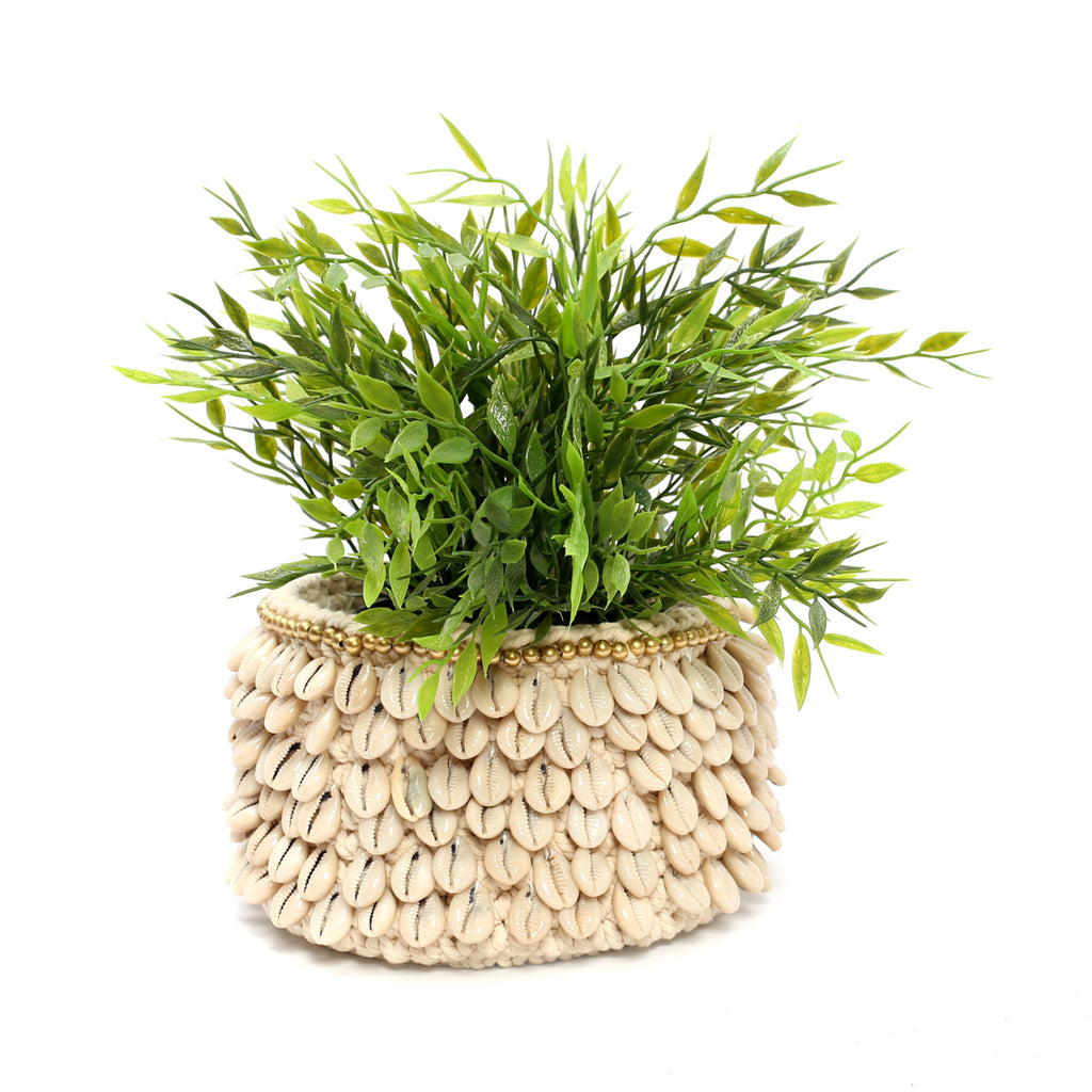 The Gold & Cowrie Macrame Planter - Natural Gold - M
