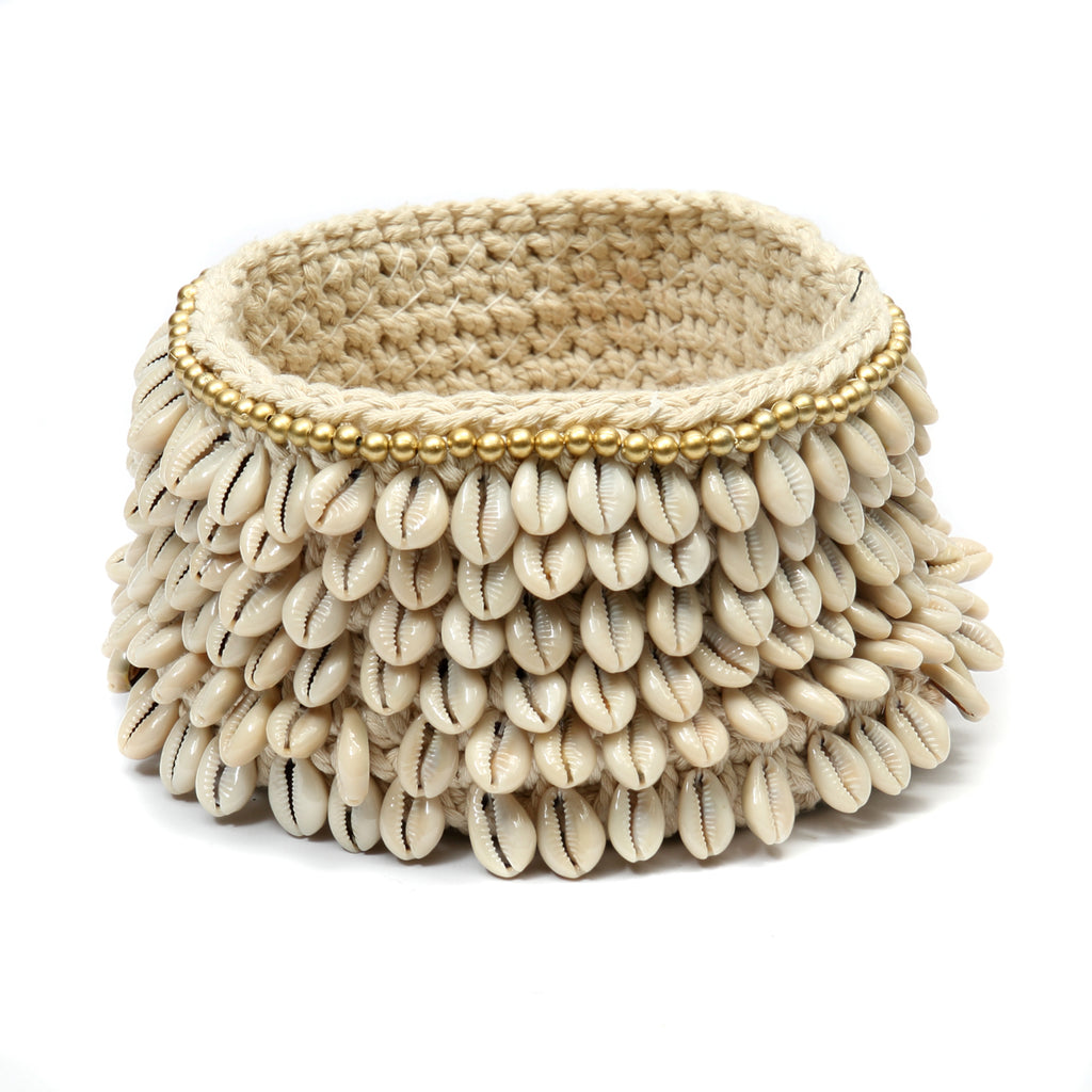 The Gold & Cowrie Macrame Planter - Natural Gold - M