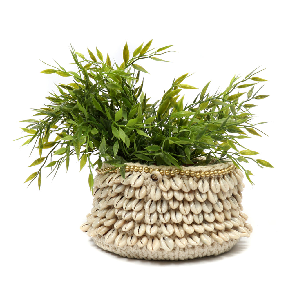 The Gold & Cowrie Macrame Planter - Natural Gold - M