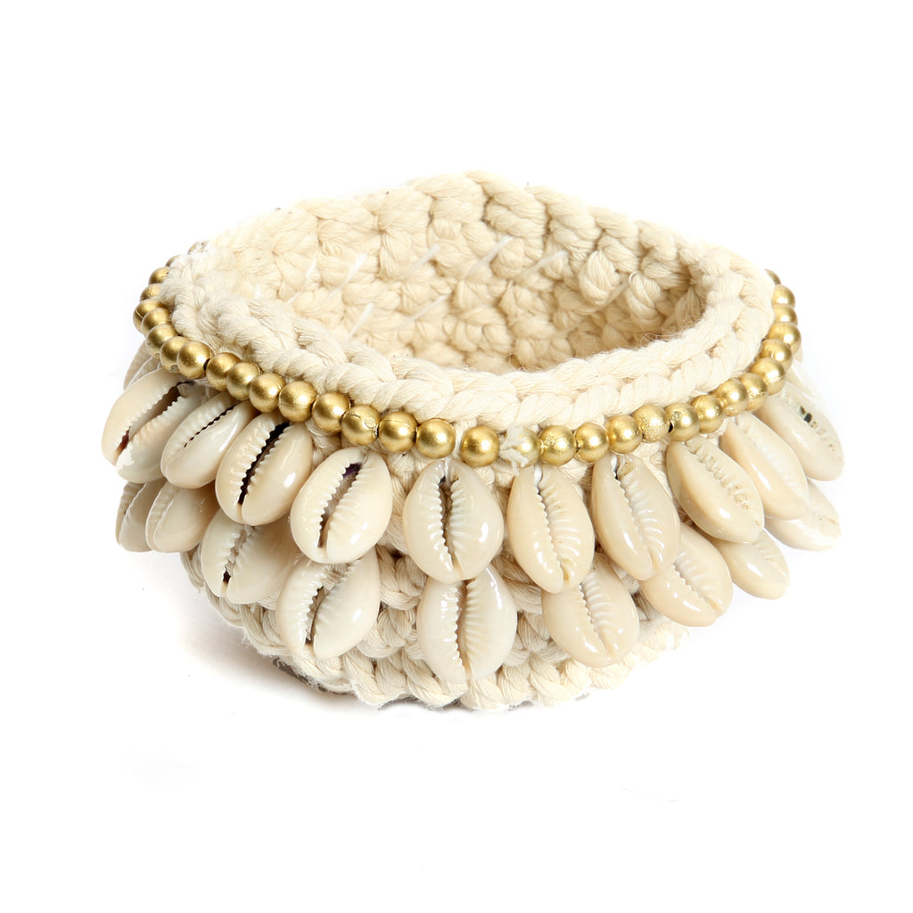 The Gold & Cowrie Macrame Candle Holder - Natural Gold - S