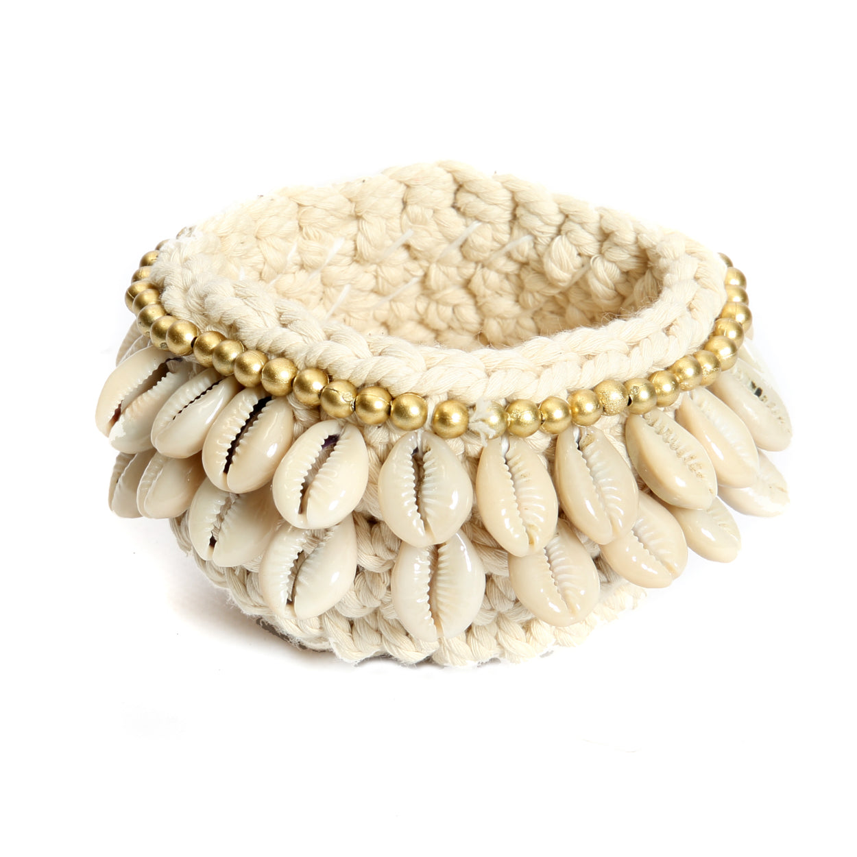 The Gold & Cowrie Macrame Candle Holder - Natural Gold - S